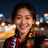 一位年轻中国女性球迷自拍头像，戴着球队围巾，笑容灿烂，背景是夜晚的城市灯光。