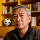 一位中年中国男性球迷头像，穿着深色夹克，短发微白，表情沉稳，背景是家中书房的书架。