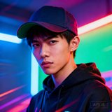 一位年轻亚洲男性头像，戴棒球帽，穿连帽卫衣，背景是电竞风格的RGB灯光，表情酷酷的。